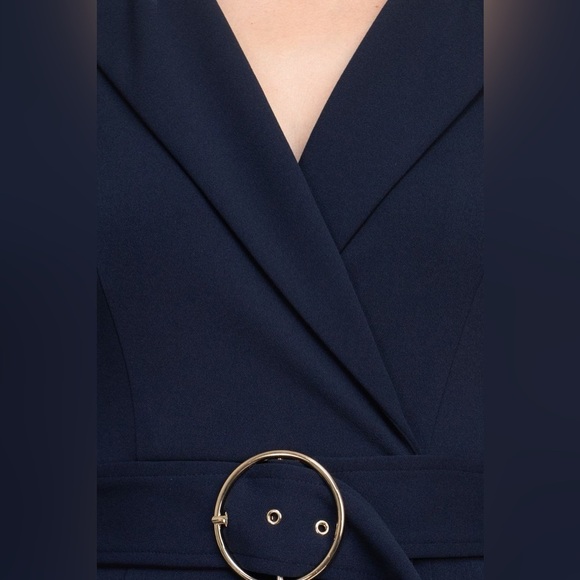 NWT Sharagano Notched Collar 3/4 Sleeve Solid Belted Stretch Crepe Dress Navy - Picture 3 of 13